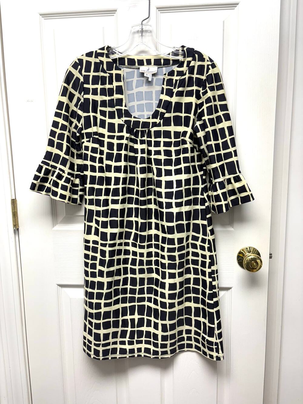 Jude Connally Dress Geometric Black Ivory Stretch 3/4 Sleeve Size S USA Made